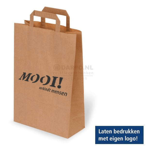 Bruine papieren draagtassen bedrukt met uw eigen logo en teksten.